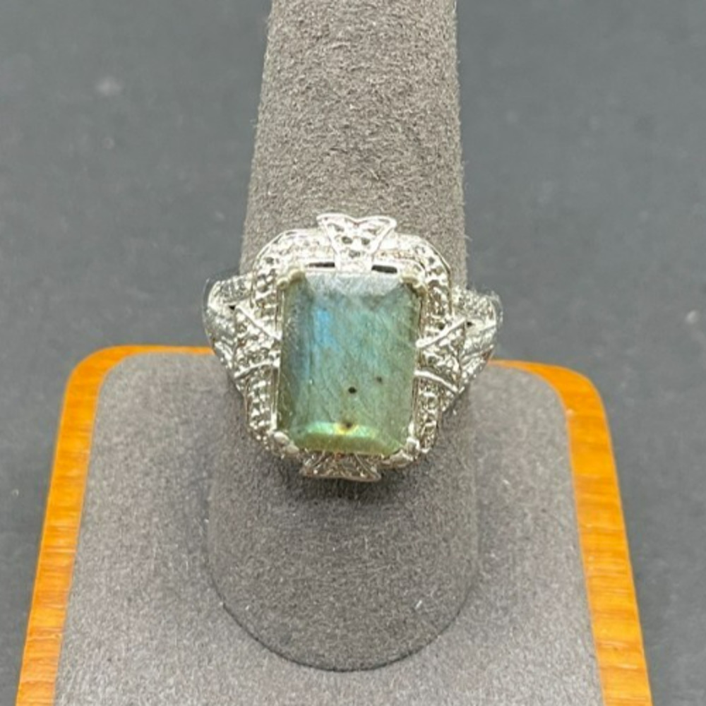 STS Sterling Silver 925 Labradorite Solitaire Ring Size 9 Art Deco Style